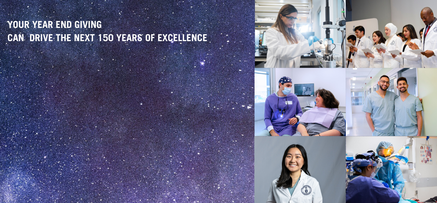 collage of individuals working at the Faculty - text reading "year-end giving"