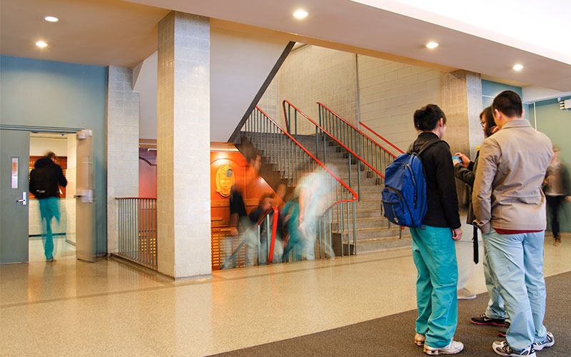 The entrance of the Dentistry building with some students standing talking