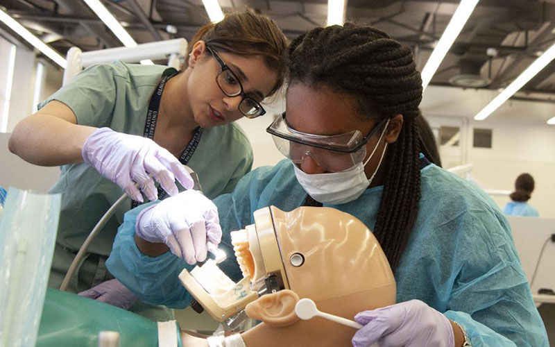 Two women dressed as dentists practising on a dummy head
