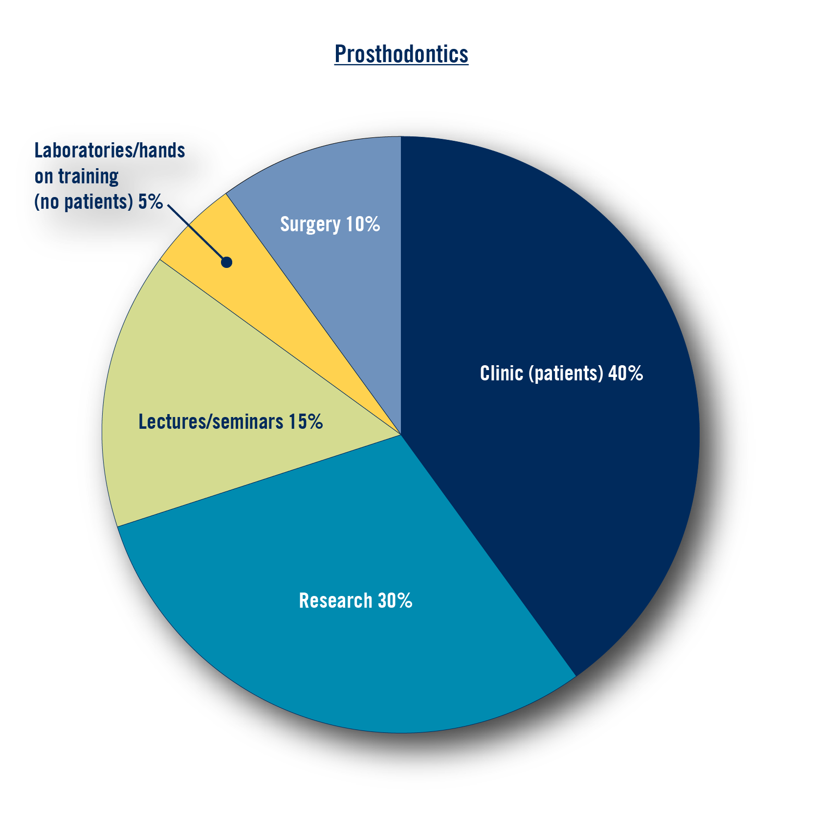 Research: 30%, Clinic (patients) 40%, Lectures/seminars 15%, Laboratories/hands on training (no patients) 5%, Surgery 10%