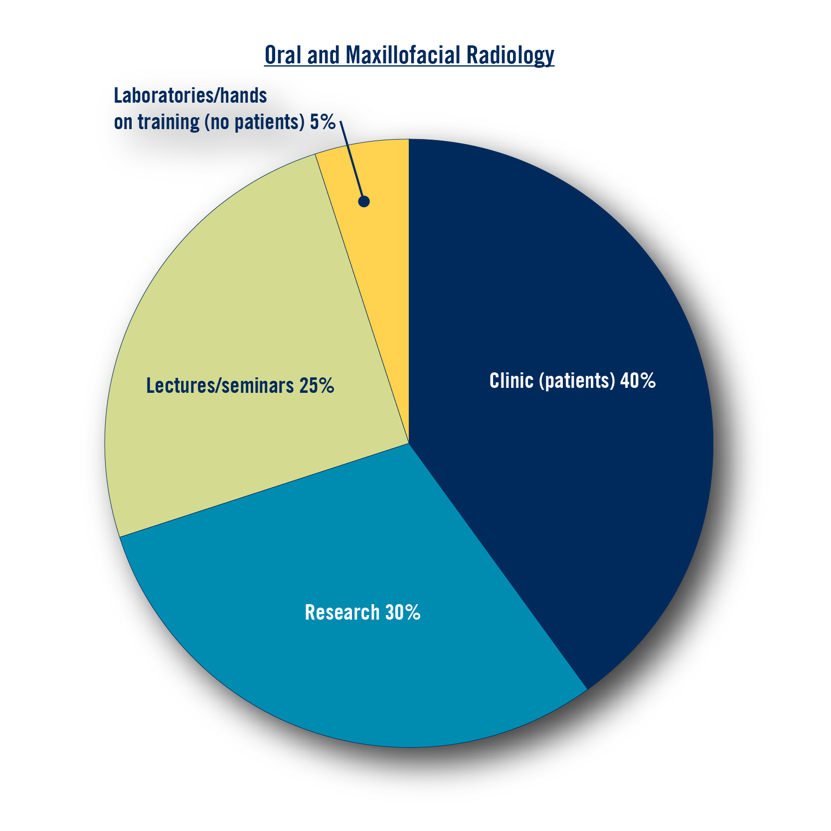 Research: 30%, Clinic (patients) 40%, Lectures/seminars 25%, Laboratories/hands on training (no patients) 5%