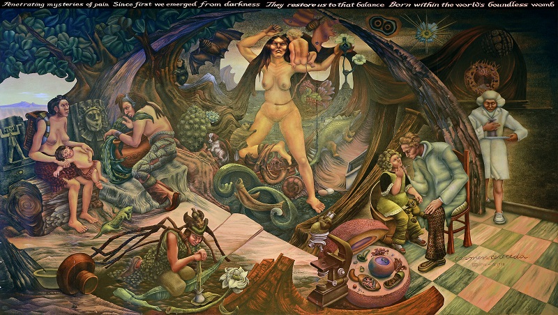 The famed mural in the lobby of 124 Edward St. It’s Cereceda’s vision of nature and man’s capacity to relieve suffering. It represents traditional Indigenous healing on the left and health sciences on the right. The Earth Mother stands in the middle bringing the two worlds with humanity on her shoulder, forever connected. 