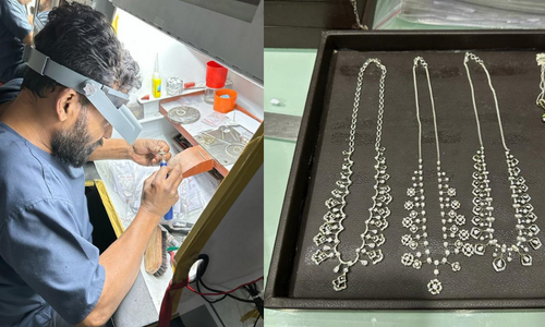 Jewelry technician at work, and some of the diamond pieces produced by Anuj’s family business.