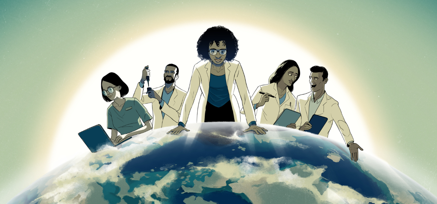 woman looking over world illustration
