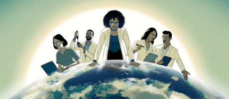 woman looking over world illustration